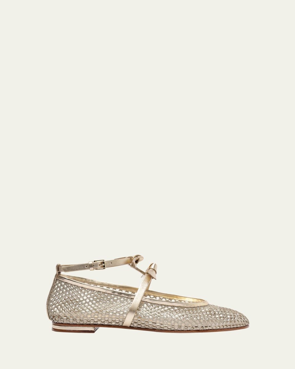Slim Clarita Bow-Strap Fishnet Ballerina Flats